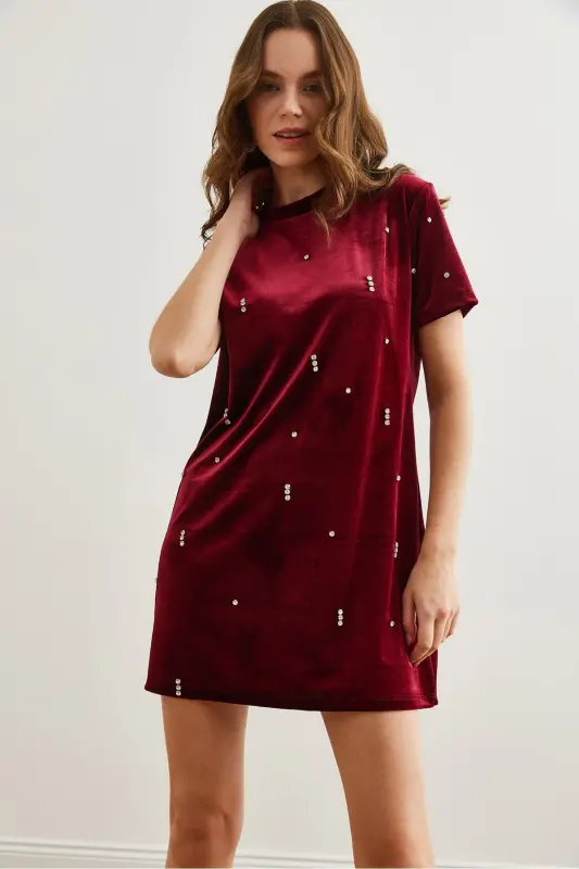 Kadın Bordo Taş Detaylı Bisiklet Yaka Mini Kadife Elbise ELB-19002303 - 4