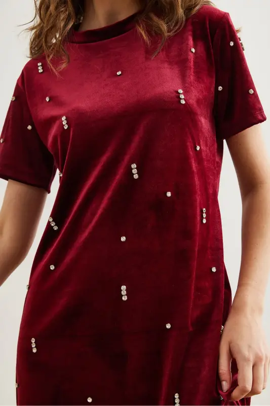 Kadın Bordo Taş Detaylı Bisiklet Yaka Mini Kadife Elbise ELB-19002303 - 5