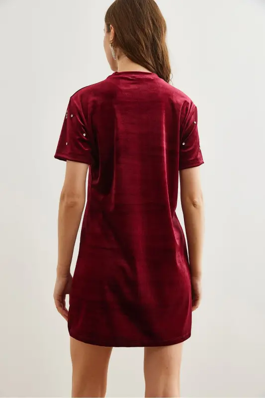 Kadın Bordo Taş Detaylı Bisiklet Yaka Mini Kadife Elbise ELB-19002303 - 6