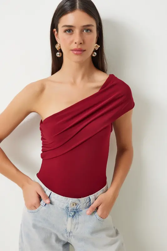 Kadın Bordo Tek Omuz Büzgülü Örme Bluz DZ00112 - Bordo - 3