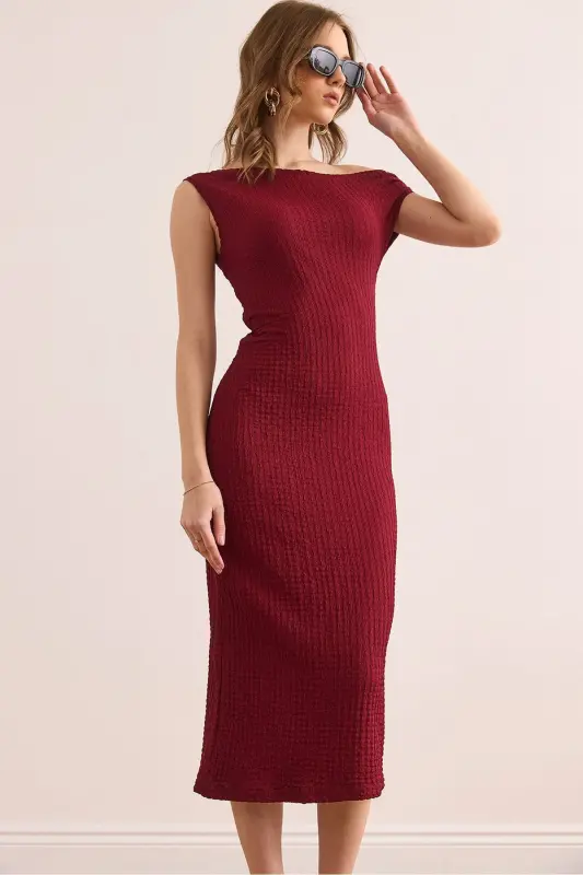 Kadın Bordo Tek Omuz Dokulu Midi Elbise ELB-19002365 - Bordo - 1