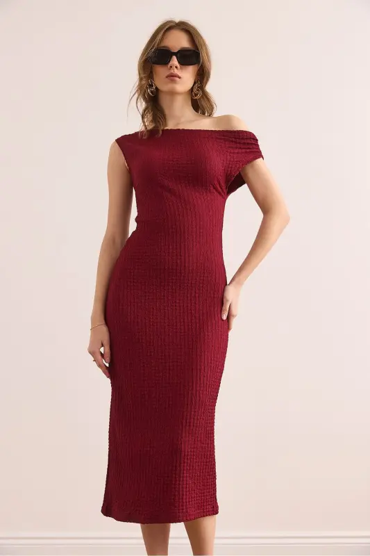 Kadın Bordo Tek Omuz Dokulu Midi Elbise ELB-19002365 - Bordo - 2