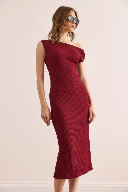 Kadın Bordo Tek Omuz Dokulu Midi Elbise ELB-19002365 - Bordo - 3