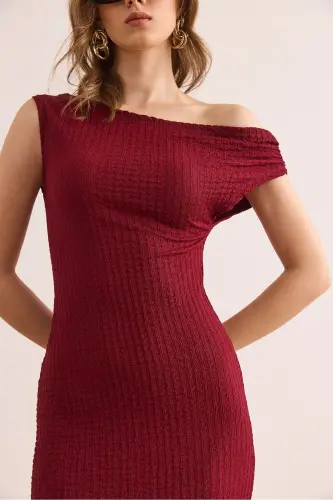 Kadın Bordo Tek Omuz Dokulu Midi Elbise ELB-19002365 - Bordo - 5