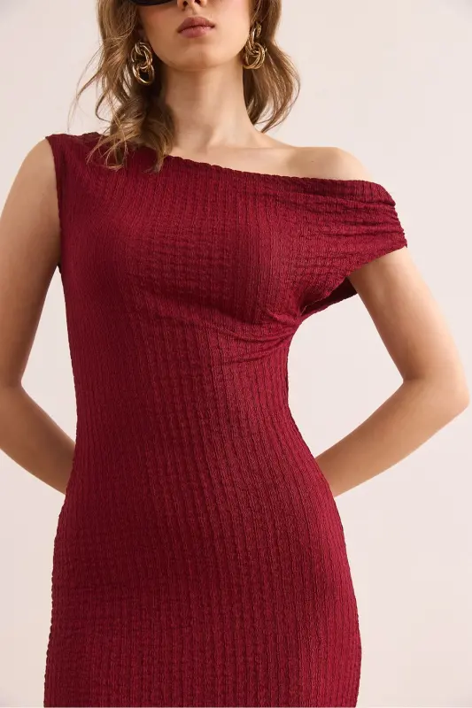 Kadın Bordo Tek Omuz Dokulu Midi Elbise ELB-19002365 - Bordo - 5
