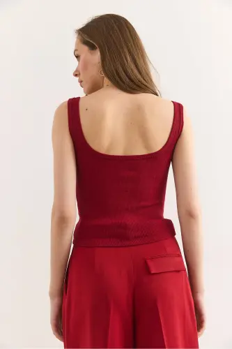 Kadın Bordo U Yaka Kopçalı Esnek Pamuk Crop Bluz BLZ-19002956 - Bordo - Olalook (1)
