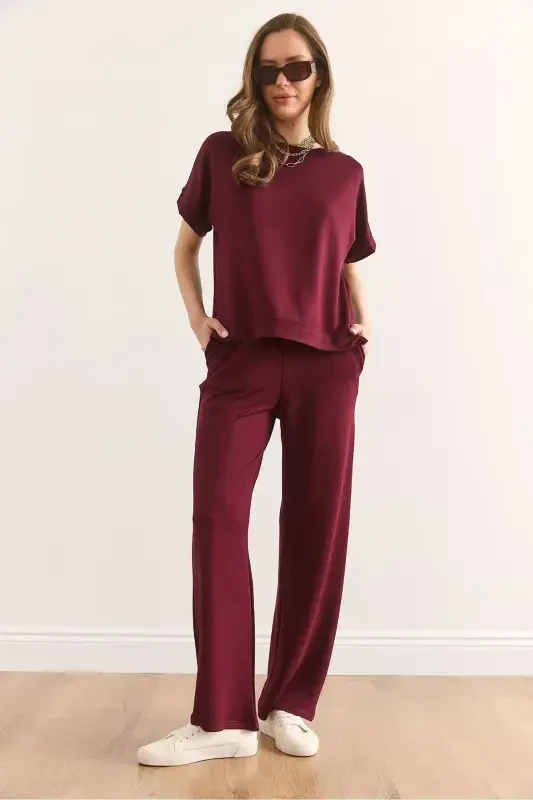 Kadın Bordo Üst Bluz Alt Cepli Pantolon Takım TKM-19000378 - 2