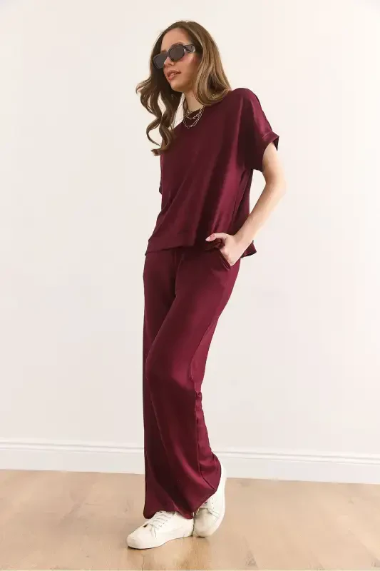 Kadın Bordo Üst Bluz Alt Cepli Pantolon Takım TKM-19000378 - 4