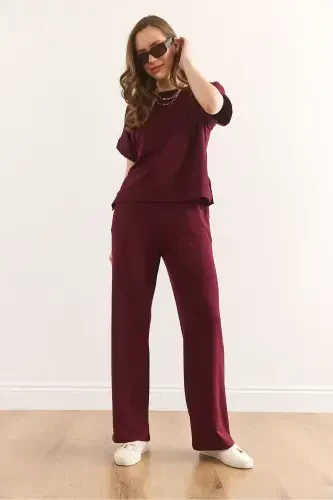 Kadın Bordo Üst Bluz Alt Cepli Pantolon Takım TKM-19000378 - 5