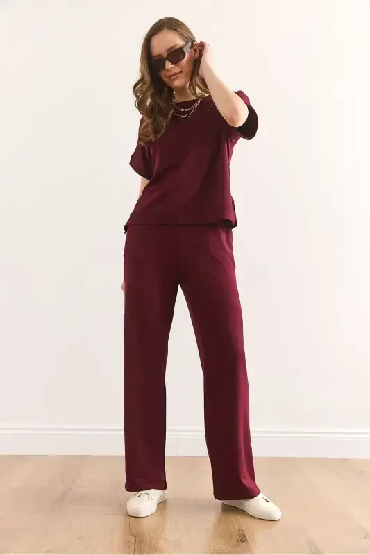 Kadın Bordo Üst Bluz Alt Cepli Pantolon Takım TKM-19000378 - 5