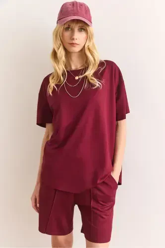 Kadın Bordo Üst Oval Tişört Alt Cepli Şort Takım TKM-19000303-Bordo - 1