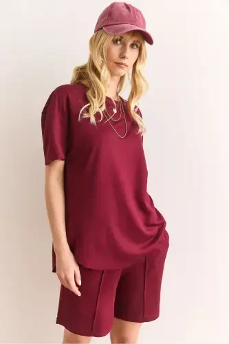 Kadın Bordo Üst Oval Tişört Alt Cepli Şort Takım TKM-19000303-Bordo - 3