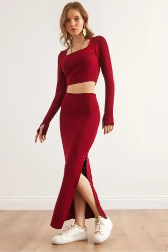 Kadın Bordo Üst Parmaklı Bluz Alt Yırtmaçlı Etek Takım TKM-19000351-Bordo - 1