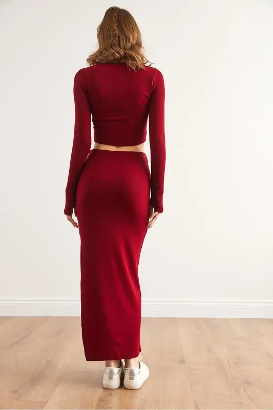Kadın Bordo Üst Parmaklı Bluz Alt Yırtmaçlı Etek Takım TKM-19000351-Bordo - 6