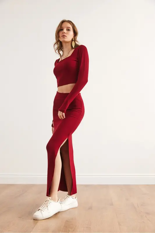 Kadın Bordo Üst Parmaklı Bluz Alt Yırtmaçlı Etek Takım TKM-19000351 - Bordo - 3