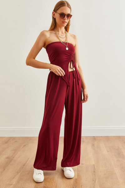 Kadın Bordo Üst Straplez Asimetrik Bluz Alt Palazzo Pantolon Takım TKM-19000299 - Bordo 