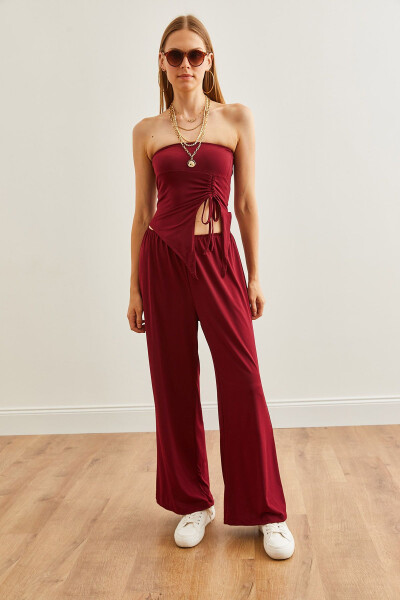 Kadın Bordo Üst Straplez Asimetrik Bluz Alt Palazzo Pantolon Takım TKM-19000299 - Bordo - 2
