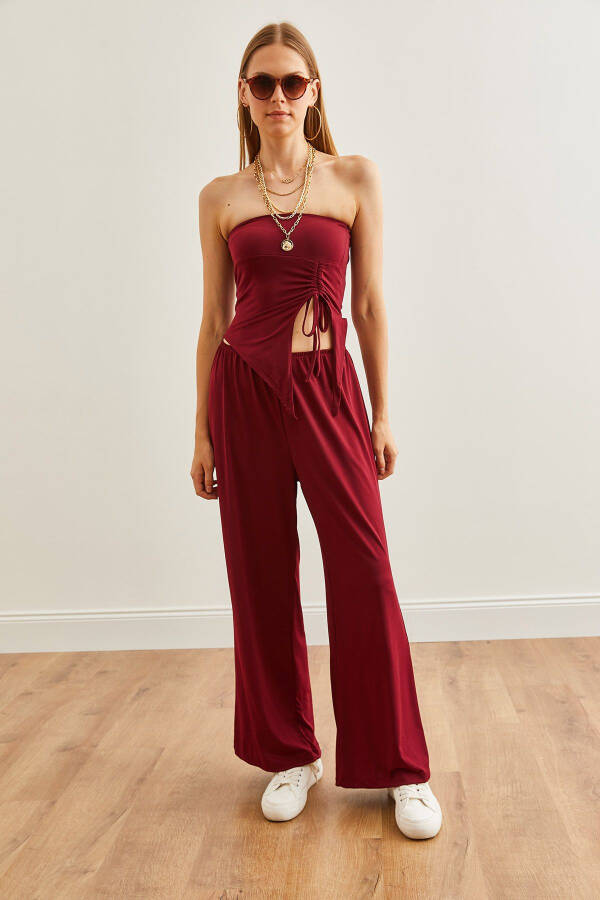 Kadın Bordo Üst Straplez Asimetrik Bluz Alt Palazzo Pantolon Takım TKM-19000299 - Bordo - 2
