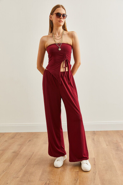 Kadın Bordo Üst Straplez Asimetrik Bluz Alt Palazzo Pantolon Takım TKM-19000299 - Bordo - 3