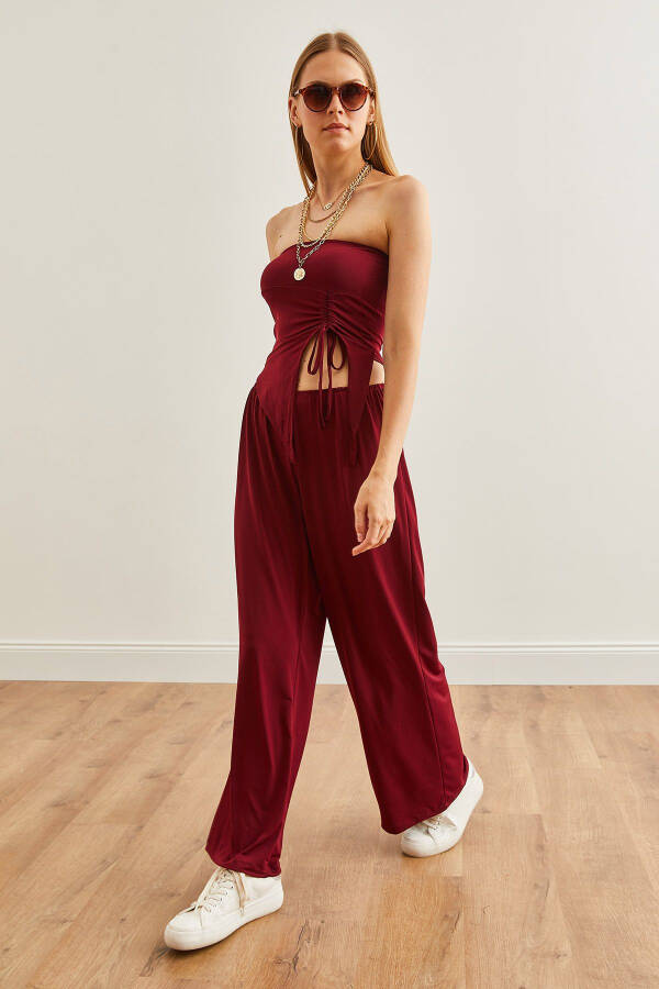 Kadın Bordo Üst Straplez Asimetrik Bluz Alt Palazzo Pantolon Takım TKM-19000299 - Bordo - 4