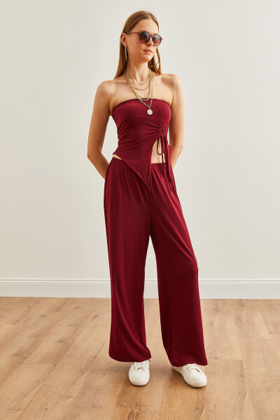 Kadın Bordo Üst Straplez Asimetrik Bluz Alt Palazzo Pantolon Takım TKM-19000299 - Bordo - 6