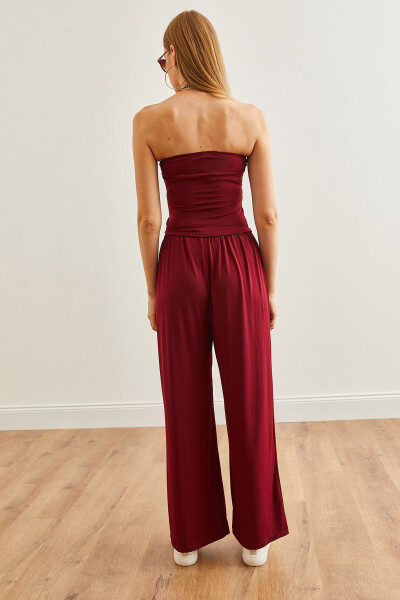 Kadın Bordo Üst Straplez Asimetrik Bluz Alt Palazzo Pantolon Takım TKM-19000299 - Bordo - 7