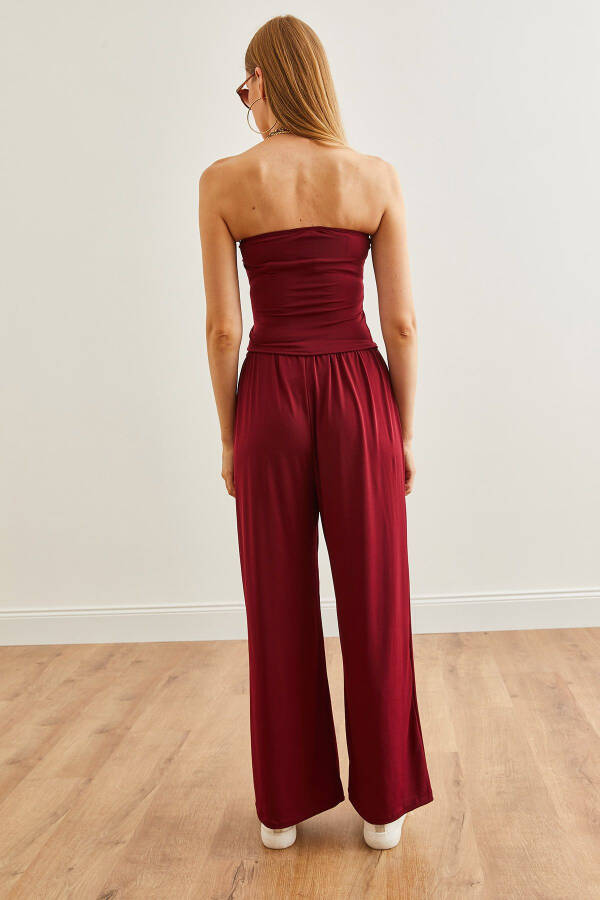 Kadın Bordo Üst Straplez Asimetrik Bluz Alt Palazzo Pantolon Takım TKM-19000299 - Bordo - 7