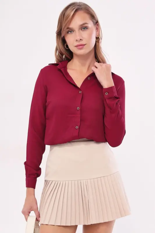 Kadın Bordo Uzun Kollu Düz Gömlek ARM-18Y001176-BORDO - 1