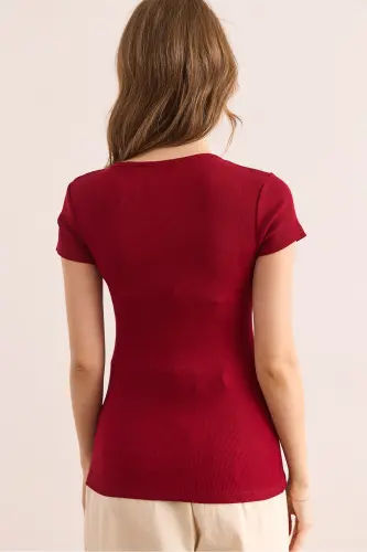 Kadın Bordo V Metal Detaylı Esnek Pamuk Bluz BLZ-19002921 - Bordo - OLALOOK (1)