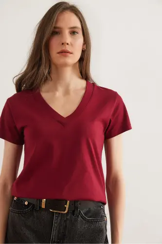 Kadın Bordo V Yaka Flamlı Tişört TSH-19000396 - Bordo - 8