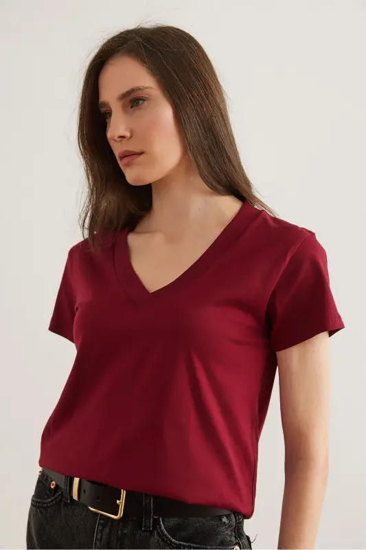 Kadın Bordo V Yaka Flamlı Tişört TSH-19000396 - Bordo - 13
