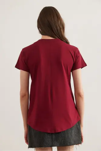 Kadın Bordo V Yaka Flamlı Tişört TSH-19000396 - Bordo - 3