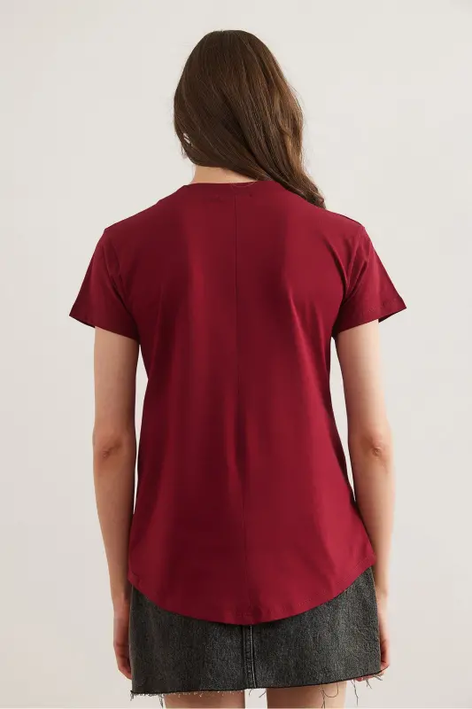 Kadın Bordo V Yaka Flamlı Tişört TSH-19000396 - Bordo - 3