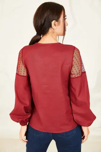 Kadın Bordo V Yaka Kolu Tüllü Balonlu Bluz ARM-20K001038-Bordo - 4