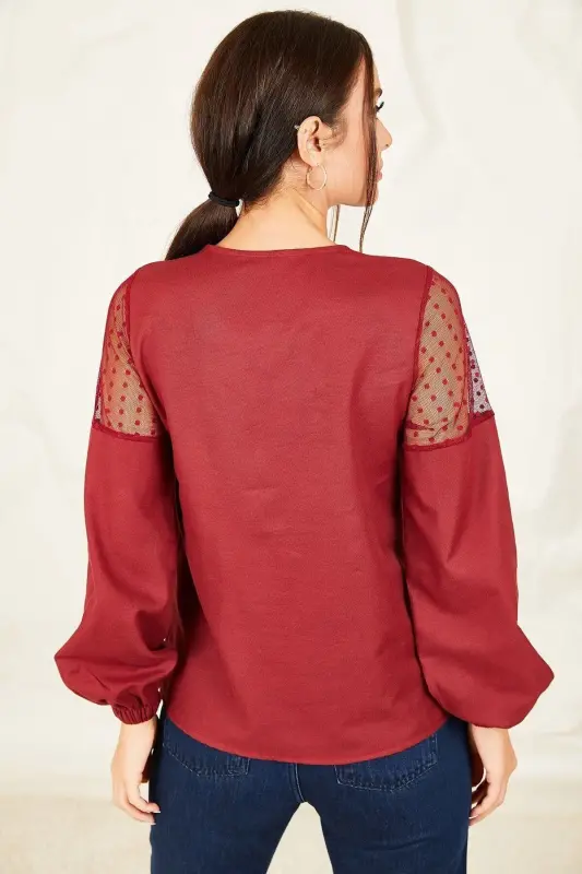 Kadın Bordo V Yaka Kolu Tüllü Balonlu Bluz ARM-20K001038-Bordo - 4