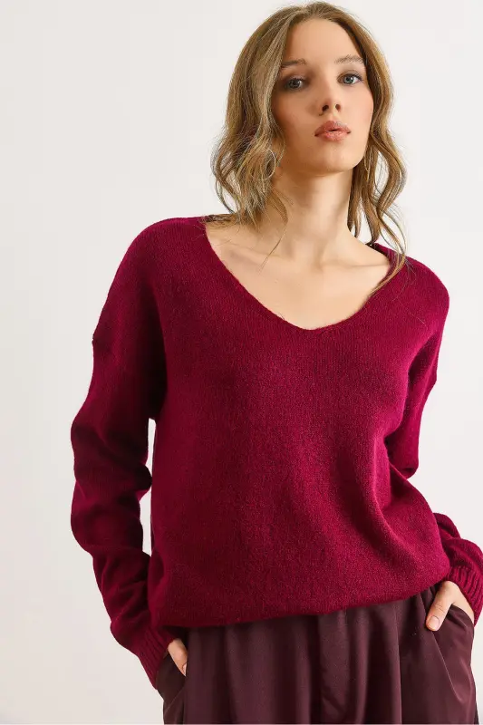 Kadın Bordo V Yaka Yumuşak Dokulu Triko Kazak KZK-19000598-Bordo - OLALOOK