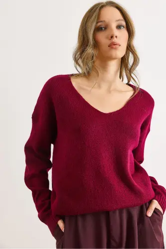 Kadın Bordo V Yaka Yumuşak Dokulu Triko Kazak KZK-19000598-Bordo - 1