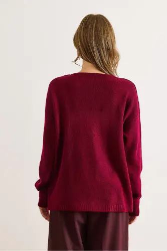 Kadın Bordo V Yaka Yumuşak Dokulu Triko Kazak KZK-19000598-Bordo - 3