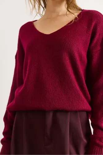 Kadın Bordo V Yaka Yumuşak Dokulu Triko Kazak KZK-19000598-Bordo - 4