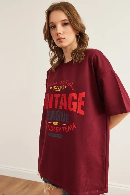 Kadın Bordo Vintage Baskılı 2 İp Rahat Kalıp Tişört TSH-19000851 - Bordo - 3