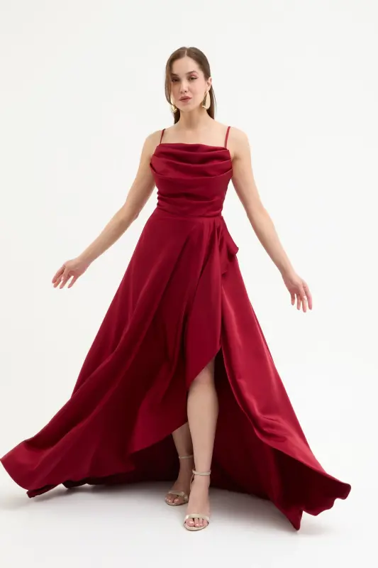 Kadın Bordo Volanlı Yırtmaçlı Saten Abiye & Mezuniyet Elbisesi-Bordo - 1