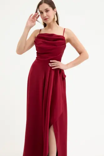 Kadın Bordo Volanlı Yırtmaçlı Saten Abiye & Mezuniyet Elbisesi-Bordo - 3