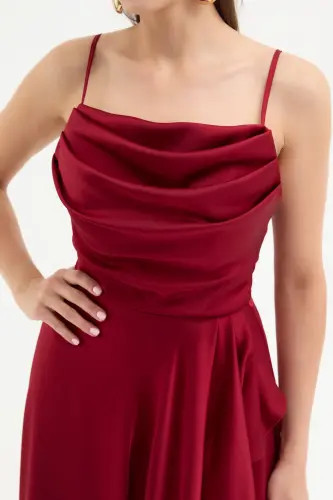 Kadın Bordo Volanlı Yırtmaçlı Saten Abiye & Mezuniyet Elbisesi-Bordo - 4