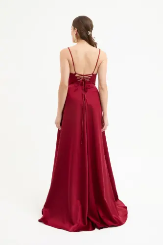 Kadın Bordo Volanlı Yırtmaçlı Saten Abiye & Mezuniyet Elbisesi-Bordo - 5