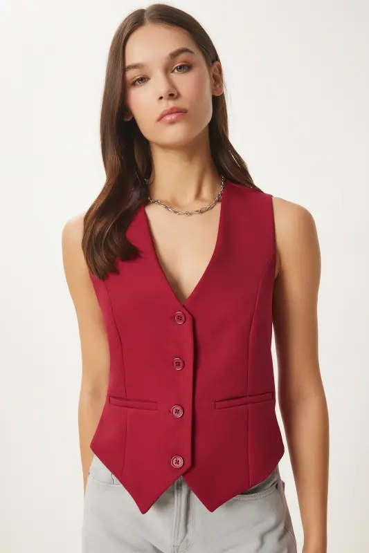 Women's Burgundy Bodycon Short Woven Vest TO00048 - Burgundy - 1