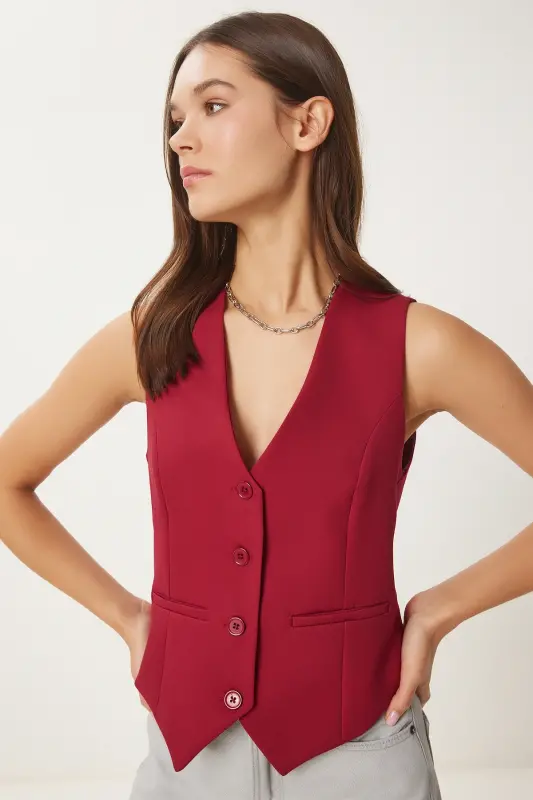 Women's Burgundy Bodycon Short Woven Vest TO00048 - Burgundy - 2