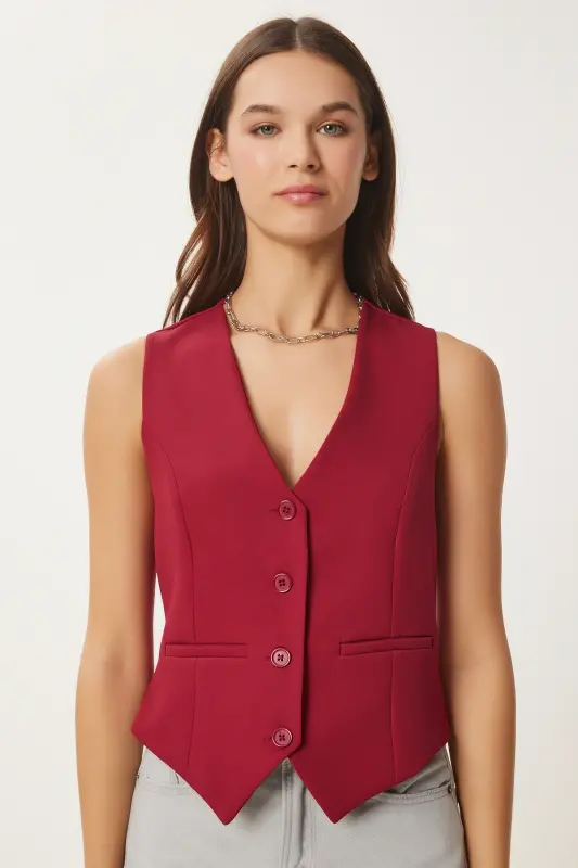 Women's Burgundy Bodycon Short Woven Vest TO00048 - Burgundy - 3