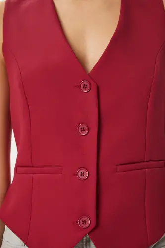 Women's Burgundy Bodycon Short Woven Vest TO00048 - Burgundy - 4