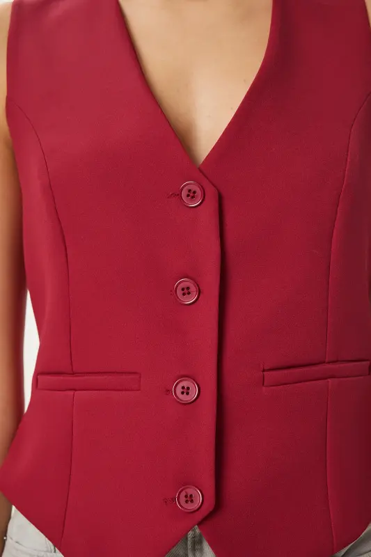 Women's Burgundy Bodycon Short Woven Vest TO00048 - Burgundy - 4