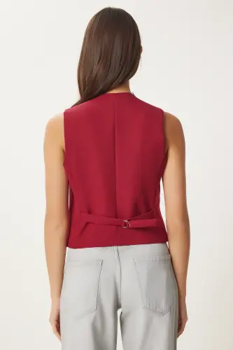Women's Burgundy Bodycon Short Woven Vest TO00048 - Burgundy - 5